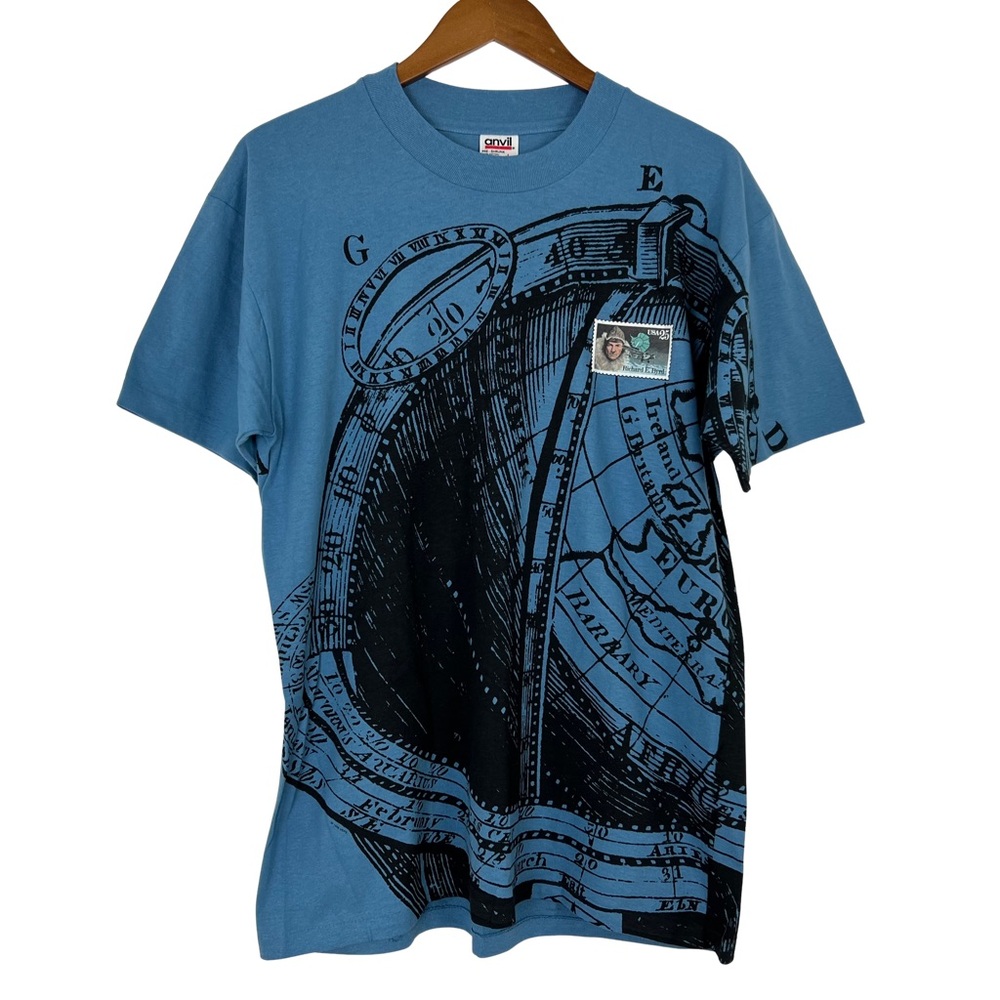 Vintage Anvil Blue Globe Map Richard Byrd Single Stitch Cotton Graphic Tee USA L